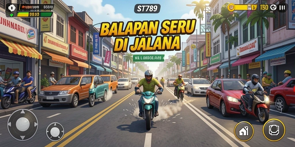 Tampilan gameplay balapan ST789 yang mendebarkan dengan kendaraan cepat.